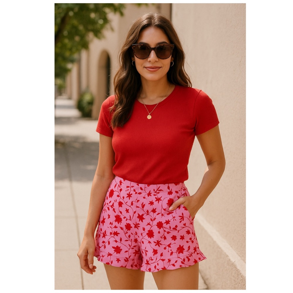 Likely Stevie Floral Shorts Pink Red Ruffle High Waist Size 12